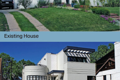 Mid-sized 1950s white three-story brick exterior home photo in Denver with a mixed material roof and a black roof