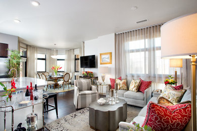 Living room - small transitional open concept living room idea in Denver with white walls and a wall-mounted tv