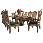 AICO - 8-Piece Villa Valencia Dining Room Table Set With China - The look and feel of Old World Spain have been beautifully captured in this grand collection, designed exclusively for the Michael Amini Original Furniture Designs. Beautifully crafted from Birch solids with Cherry, Pecan, and Elm Burl veneers, the distinctive marquetry and intricate embellishments compliment a classic chestnut finish. Uniquely twisted and shaped marble pilasters with carved wooden leaves wrapping around adorn some of the pieces