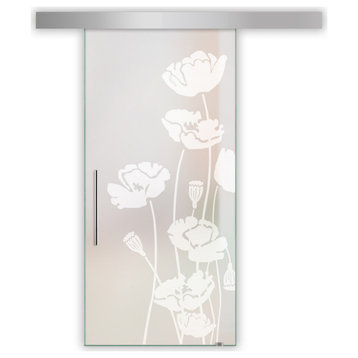 Glass Sliding Barn Door with various Full-Private Frosted Designs, 36"x84" Inches, Recessed Grip