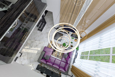 Идея дизайна: большая парадная, открытая гостиная комната с белыми стенами, полом из керамогранита, горизонтальным камином и телевизором на стене