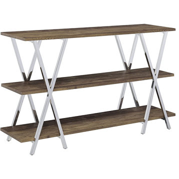 Industrial Console Table, Chrome X-Shaped Legs With Dark Oak Top and Shelves