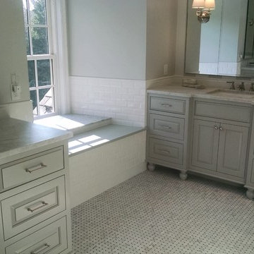 Basket Weave mosaic carrara and bardiglio, 3x6 white carrar, ceramic beveled bri