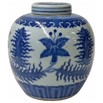 Oriental Hand-paint Leaves Graphic Blue White Porcelain Ginger Jar Hws1707