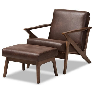 Bowery Hill Mid-Century Wood/Faux Leather Accent Arm Chair with Ottoman in Brown