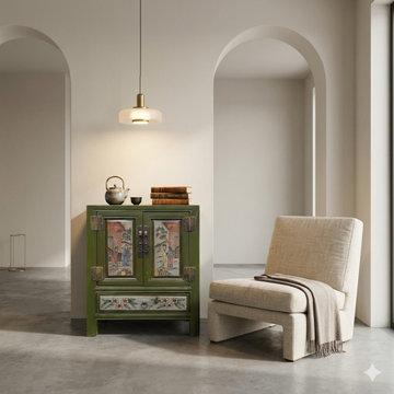 Olive Green Oriental People Graphic End Table Nightstand GB600