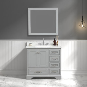 Bath Vanity, Marble Top, Grey, 36'' With Sink, Mirror