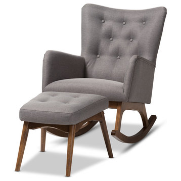 Waldmann Mid-Century Gray Fabric Upholstered Rocking Chair and Ottoman Set