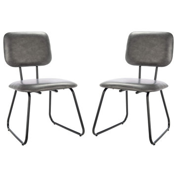 Set of 2 Dining Chair, Black Frame & PU Leather Seat With Reclined Back, Grey