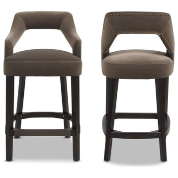 Set of 2 Bar Stools, Seat With Open Back and Brass Plated Footrest