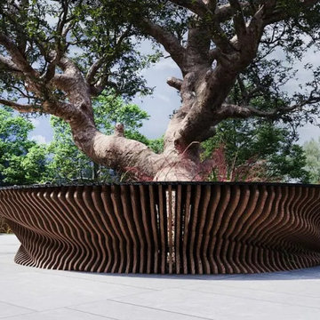 Modern Round Wooden Tree Bench – Unique Outdoor Seating for Public