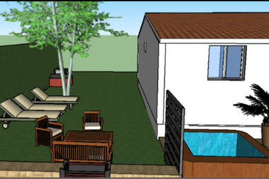 Cette image montre un aménagement d'entrée ou allée de jardin traditionnel de taille moyenne et l'été avec une exposition ensoleillée et une terrasse en bois.