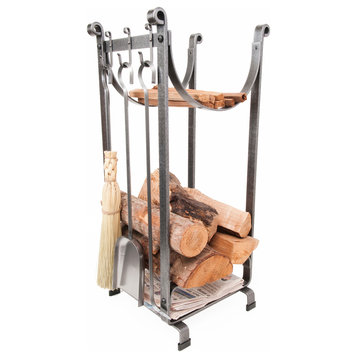 Handcrafted Fireplace Log Rack w NewsPaper Holder, Bar, 3 Tools Hammered Steel