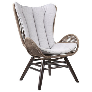 Benzara BM245724 Indoor Outdoor Lounge Chair With Rope Woven Wingback, Brown