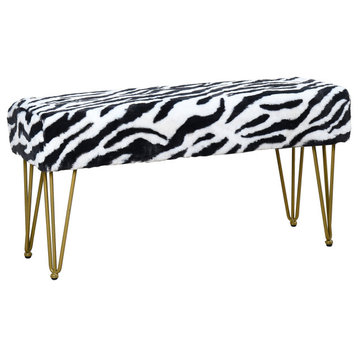 Zebra Faux Fur Bench With Gold Legs, 46''x16''x22''