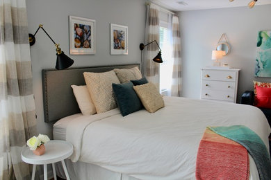 Mid-sized beach style master brown floor bedroom photo in Richmond with gray walls