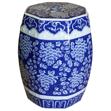 Chinese Blue and White Porcelain Floral Theme Octagon Stool Table Hcs4348
