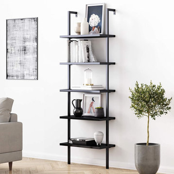 5-Shelf Black Modern Bookcase, Open Wall Mount Ladder Bookshelf