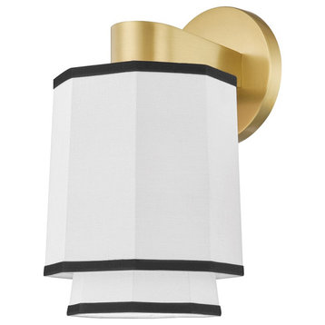 Riverdale 1-Light Wall Sconce, Aged Brass, White Belgian Linen Shade