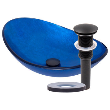 Azzurro Blue Foiled Oval Tempered Glass Vessel Bathroom Sink with Drain, Oil Rubbed Bronze