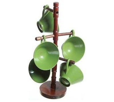 Joan Harris' Wood Cup Tree with Green Plastic Cups - Current price: $100