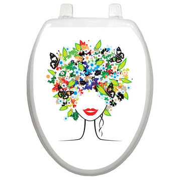 Spring Lady Toilet Tattoos Seat Cover, Vinyl Lid Decal, Bathroom Lid Décor, Elongated