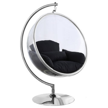 Luna Metal Acrylic Swing Bubble Accent Chair With Stand, Black, Chrome Base