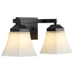 JONATHAN Y - Staunton 1-Light Iron/Glass Modern LED Vanity Light, Oil Rubbed Bronze, 2-Light - The squared lines of this 2-light vanity fixture give it a pared-down traditional look. A soft black finish and flared shades add low-key vintage style over a bathroom mirror. Frosted glass provides soft, diffused light from the bright LED bulbs.