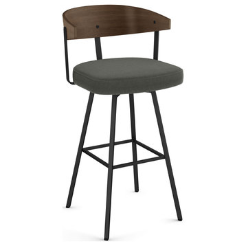 Amisco Quinton Counter and Bar Stool, Charcoal Grey Polyester / Brown Wood / Black Metal, Counter Height