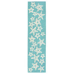 Liora Manne - Capri Starfish Indoor/Outdoor Rug, Aqua, 2'x8' Runner - This hand-hooked area rug features an aqua blue background accented with stylized starfish outlined in white. Simple, tropical and fun, this design will effortlessly compliment any space inside or outside your home. Made in China from a polyester acrylic blend, the Capri Collection is hand tufted to create bright multi-toned detailed designs with a high-quality finish. The material is flatwoven, weather resistant and treated for added fade resistant making this the perfect rug for indoor or outdoor placement. This soft, durable piece is ideal for your patio, sunroom and those high traffic areas such as your entryway, kitchen, dining room and living room. A fresh take on nautical style, these area rugs range in style from coastal to tropical motifs that beautifully accent your home decor. Limiting exposure to rain, moisture and direct sun will prolong rug life.