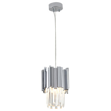 Shiny Nickel Stainless Steel Frame Single Pendant Light, Clear Crystal Drops