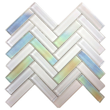 Modket White Glass Iridescent Herringbone Mosaic Kitchen Backsplash TDH109MO