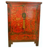 Consigned Chinese Antique Red Wedding Chest With Golden Bird and Flowers