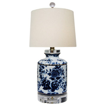 Blue and White Floral Motif Porcelain Ginger Jar Table Lamp 17"