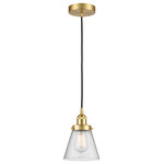 Innovations Lighting - Innovations 616-1PH-SG-G64 1-Light Mini Pendant, Satin Gold - Innovations 616-1PH-SG-G64 1-Light Mini Pendant Satin Gold. Collection: Edison. Style: Industrial, Farmhouse, Restoration-Vintage, Transitional. Metal Finish: Satin Gold. Metal Finish (Canopy/Backplate): Satin Gold. Material: Steel, Cast Brass, Glass. Dimension(in): 8(H) x 6(W) x 6(Dia). Min/Max Height (Fixture Height with Cord or Included Stems and Canopy)(in): 13/131. Wire/Cord: 10 Feet Of Black Fabric Cord. Bulb: (1)60W Medium Base,Dimmable(Not Included). Maximum Wattage Per Socket: 100. Voltage: 120. Color Temperature (Kelvin): 2200. CRI: 99. 9. Lumens: 220. Glass Shade Description: Seedy Small Cone. Glass or Metal Shade Color: Seedy. Shade Material: Glass. Glass Type: Seeded. Shade Shape: Cone. Shade Dimension(in): 6. 25(W) x 5. 75(H). Fitter Measurement (Glass Or Metal Shade Fitter Size): 3. 25 inch Fitter. Canopy Dimension(in): 4. 75(Dia) x 1(H). Sloped Ceiling Compatible: Yes. California Proposition 65 Warning Required: Yes. UL and ETL Certification: Damp Location.