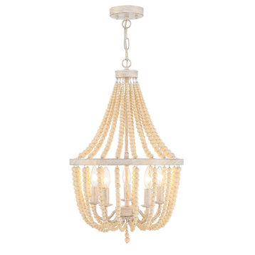 5 - Light Candle Style Empire Chandelier with Beaded Accents, White+gold
