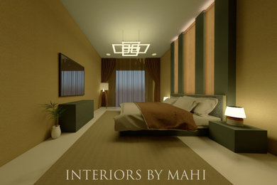 Mid-sized trendy master marble floor, white floor and wallpaper bedroom photo in Other with beige walls and no fireplace
