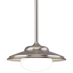Hudson Valley Lighting - Independence, One Light 16-inch Pendant, Satin Nickel Finish, Glass Shade - Inspired by the fixtures that illuminated factory floors until the mid 20th century, Independence features flared metal shades over frosted-glass globes. The curve of the shade is mirrored in the canopy, creating a smooth hourglass shape. We coat the shade's interior with white enamel to deflect light downward, while the frosted globe diffuses harsh shadows.