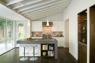 Inspiration for a contemporary dark wood floor kitchen remodel in DC Metro with an integrated sink, white cabinets, concrete countertops, stainless steel appliances, flat-panel cabinets and gray backsplash