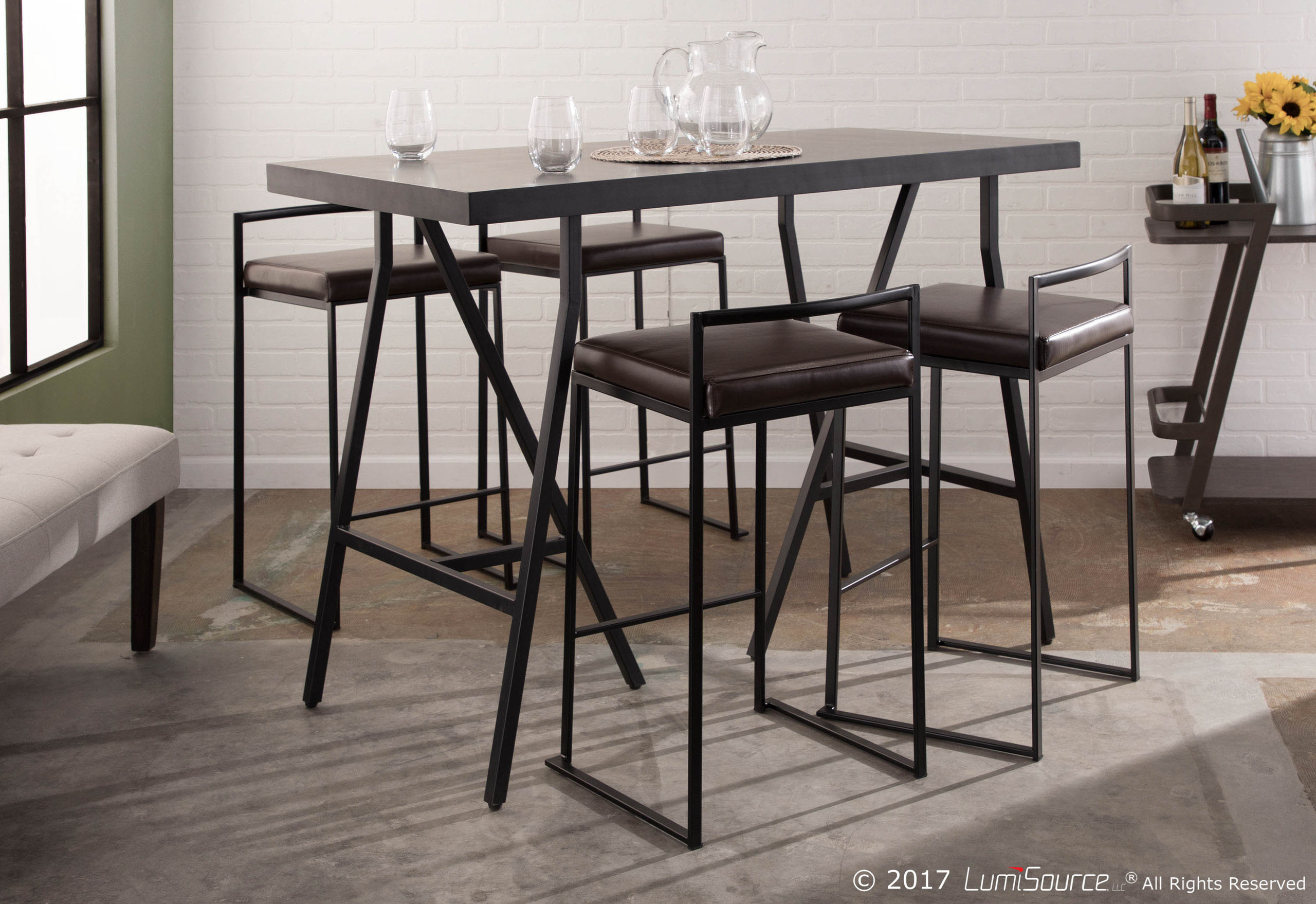 LumiSource Fuji Counter Stool Set of 2, Brown Faux Leather Cushion, Black Frame
