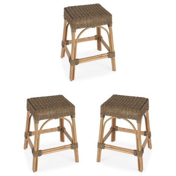 Home Square 24.5" Rattan & Mendong Grass Counter Stool in Brown - Set of 3