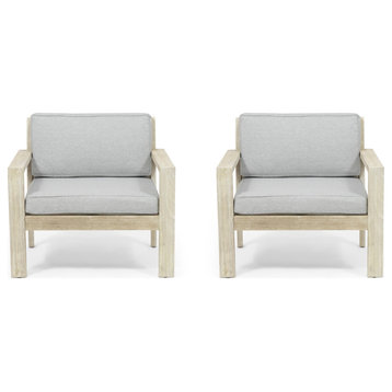 Beryl Outdoor Acacia Wood Club Chairs With Cushions, Set of 2, Light Gray