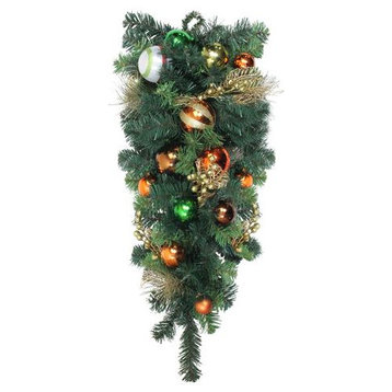 30" Green Foliage and Ornaments Artificial Christmas Teardrop Swag, Unlit