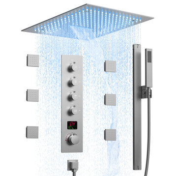 Thermostatic Digital Shower System LED Rain Shower Head with Body Jets, Brushed Nickel, 16", Slide Bar