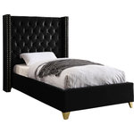 Meridian Furniture - Barolo Velvet Upholstered Bed, Black, Twin - Elegant and eye-catching, the stunning Barolo Bed from Meridian Furniture is the perfect addition to any bedroom. Rich velvet covers the deep tufted design. A beautiful wing bed design is complimented by hand applied gold nail head details. Strength and beauty is guaranteed with a solid wood frame and stainless steel legs.