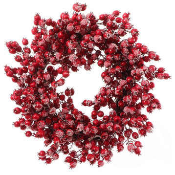 2" Red Frosted Berry Wreath; 22" Iced Hawthorn Twig Berries Holiday