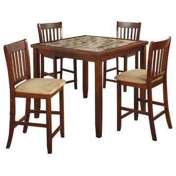 Benzara BM69421 Stylish 5 Piece Counter Height Dining Set With Marble Top, Brown