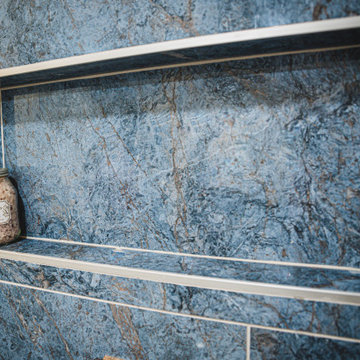 Blue with Coffee Primary Bathroom remodel