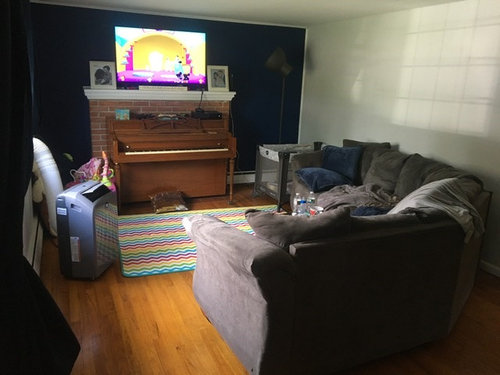 Upright Piano In Small Living Room Blocking Brick Fireplace