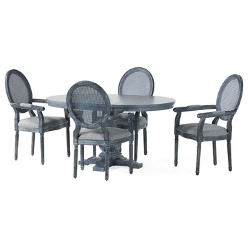 Ismay French Country Wood and Cane 5-Piece Expandable Oval Dining Set, Gray/Gray
